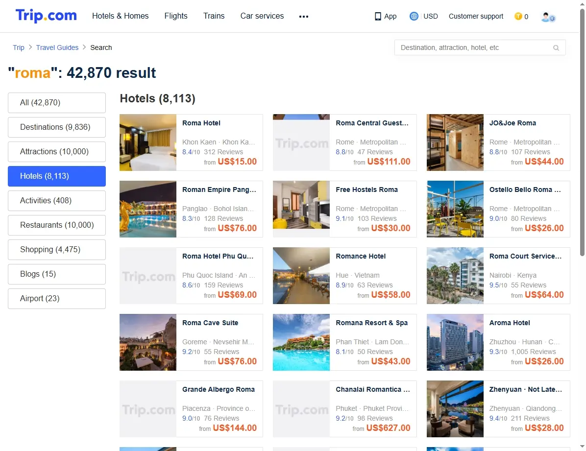 Captura de pantalla de ofertas de hoteles en Roma