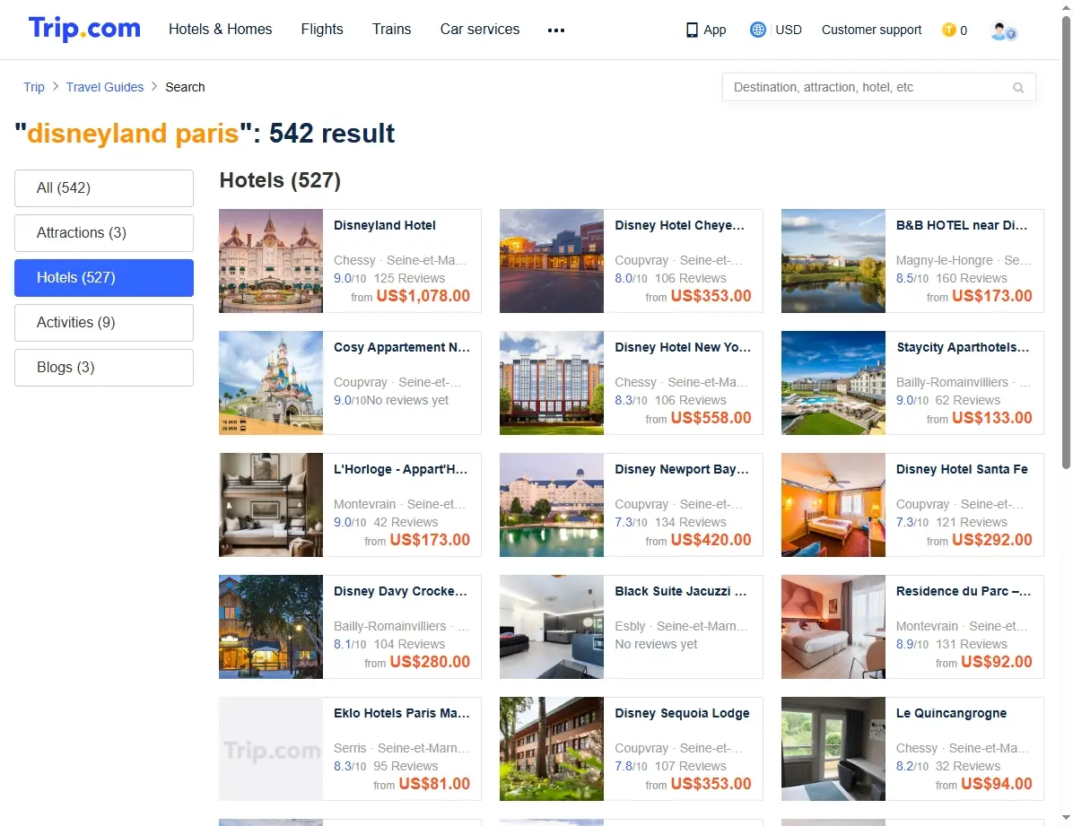 Captura de pantalla de ofertas de hoteles cerca de Disneyland París