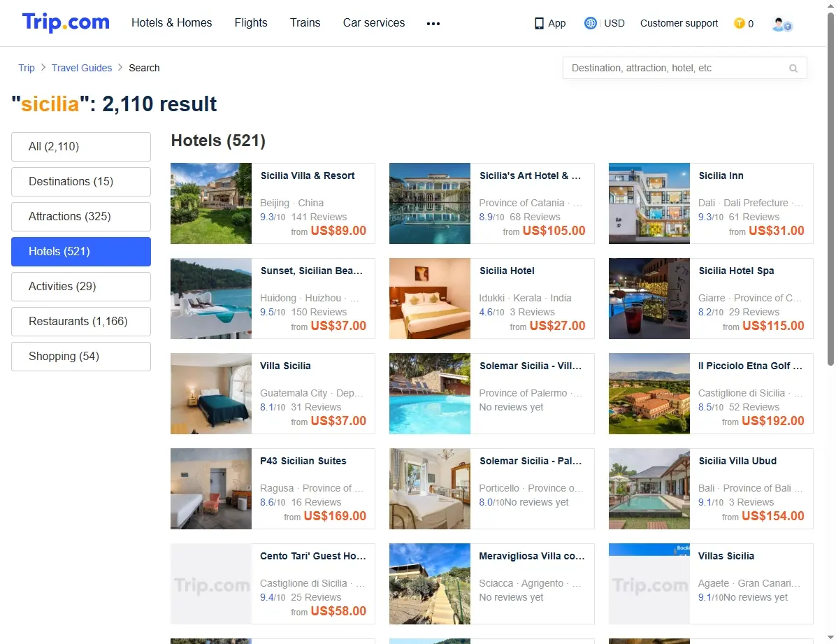 Hoteles disponibles en Sicilia: captura de pantalla de ofertas de Trip.com