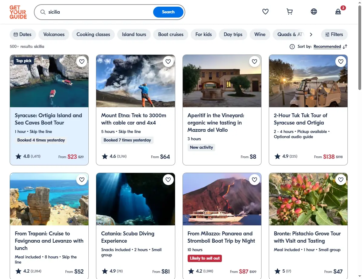 Captura de pantalla de actividades en Sicilia de GetYourGuide