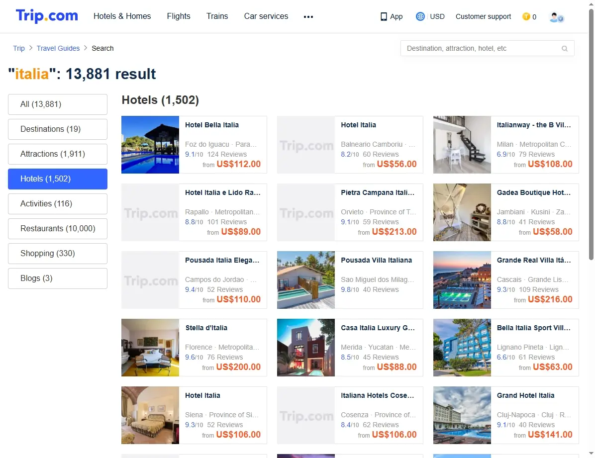 Captura de pantalla de ofertas de hoteles en Italia.