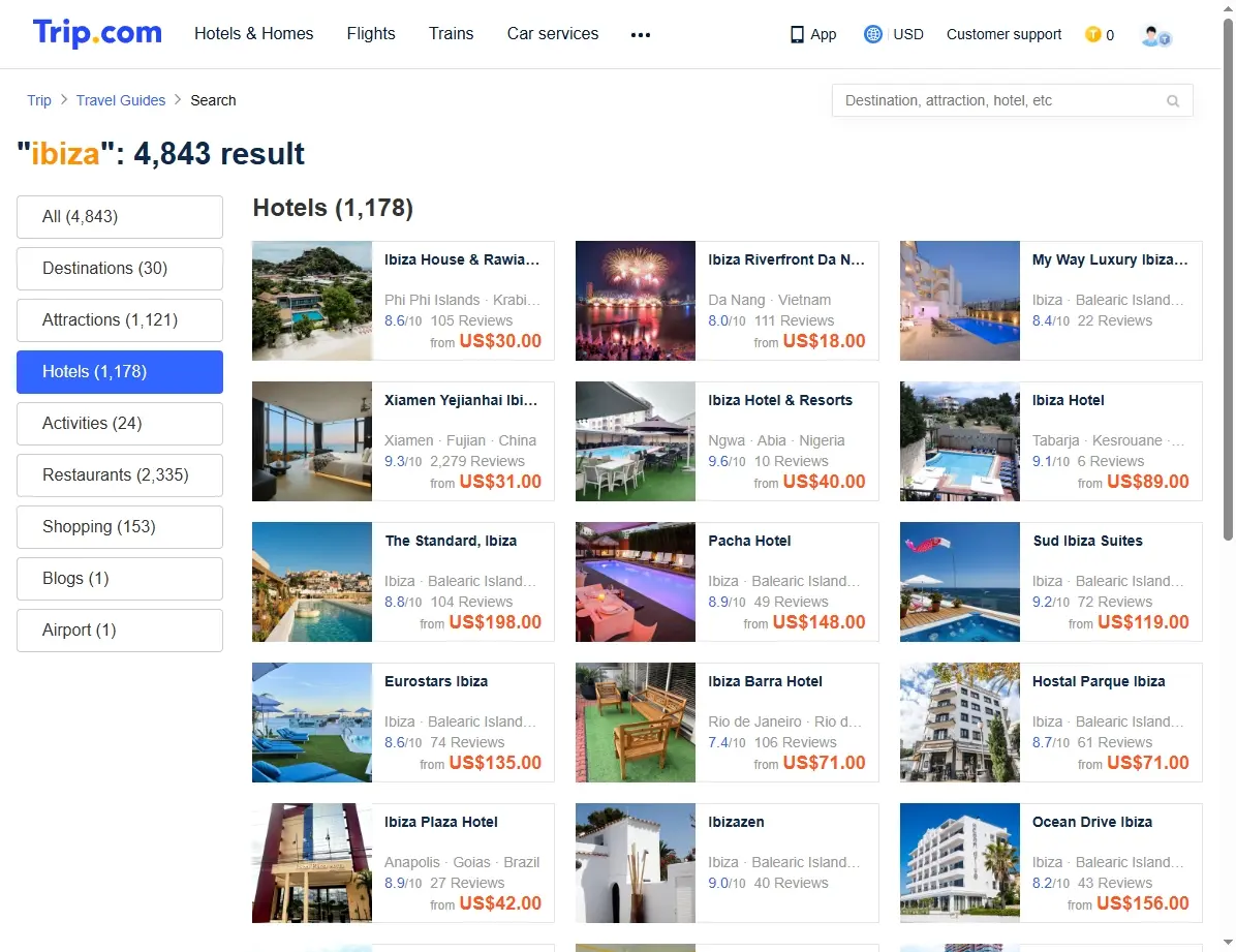 Captura de pantalla de ofertas de hoteles en Ibiza