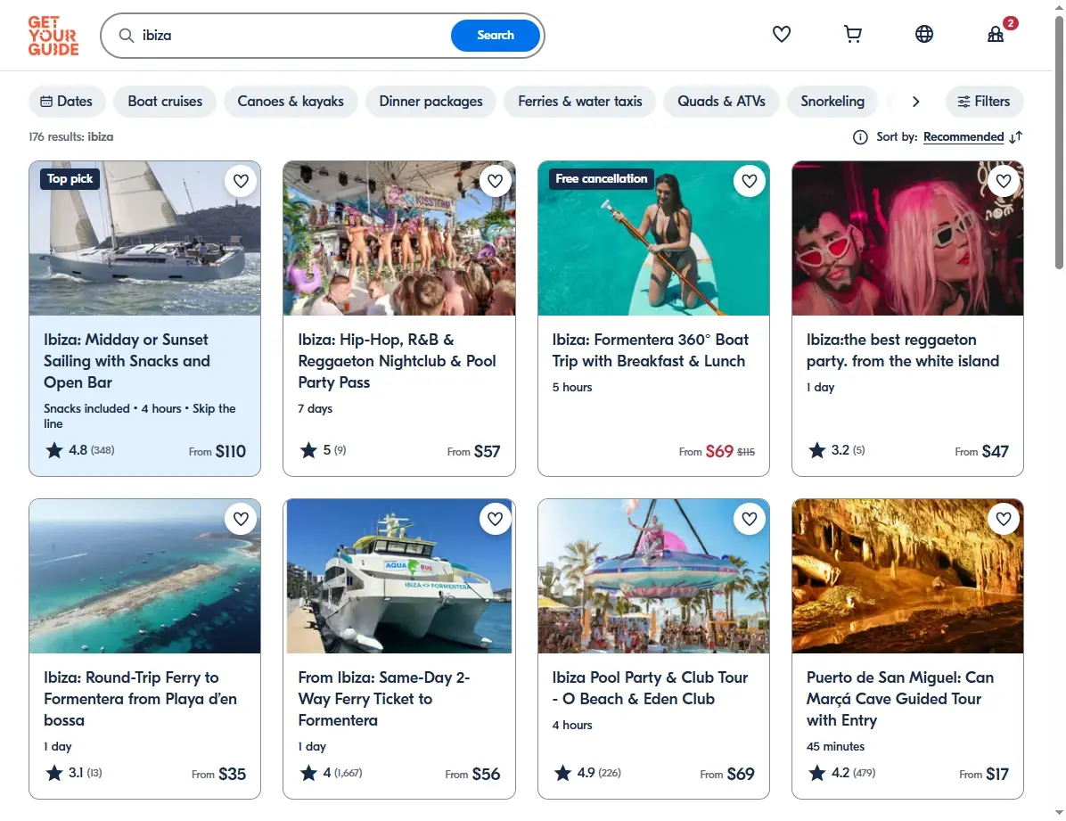 Captura de pantalla de actividades turísticas en Ibiza
