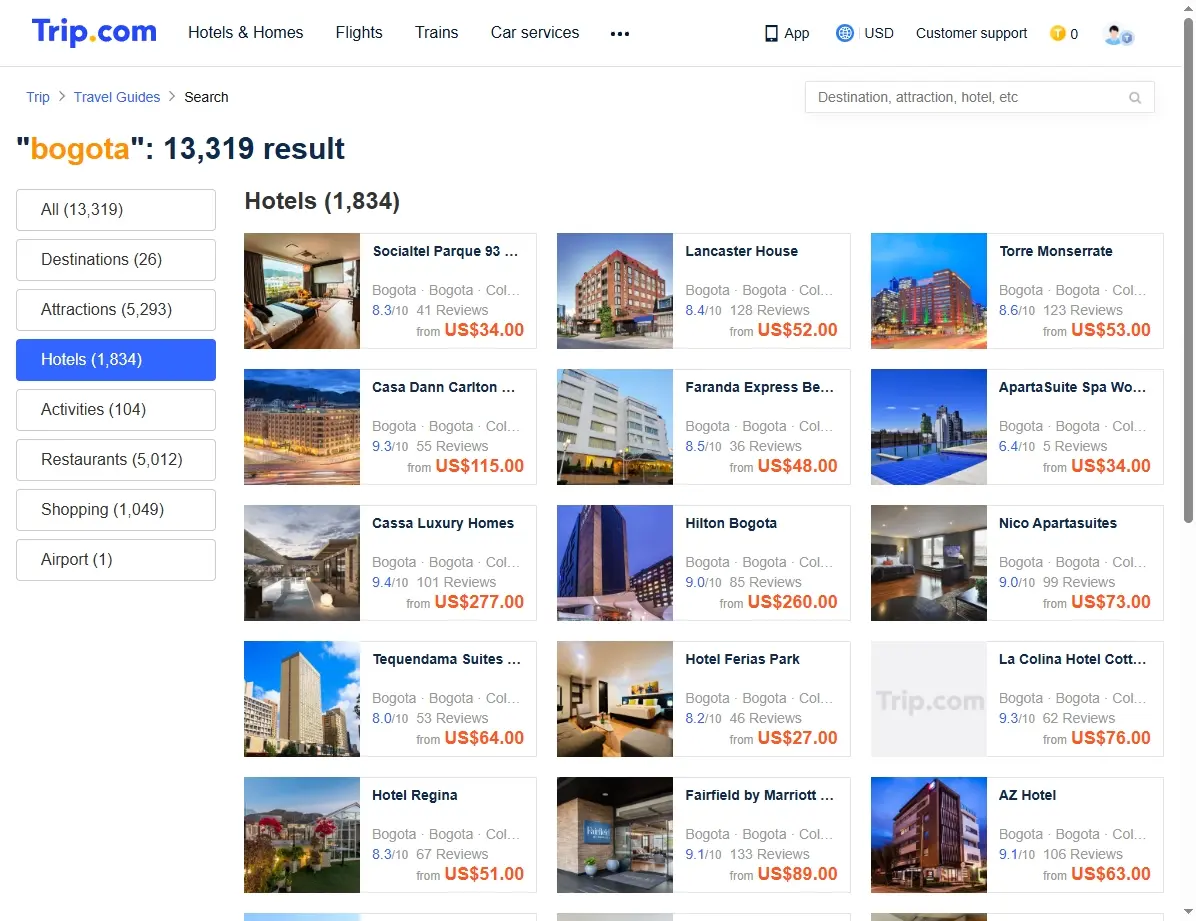 Ofertas de hoteles en Bogotá en un sitio de reservas online.