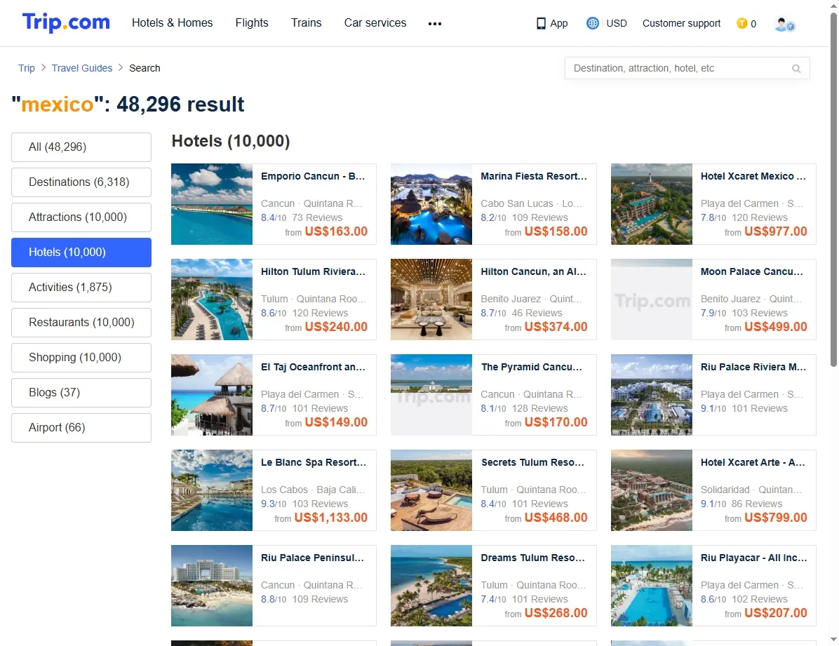 Captura de pantalla mostrando ofertas de hoteles en Ciudad de México en un sitio de reservas.