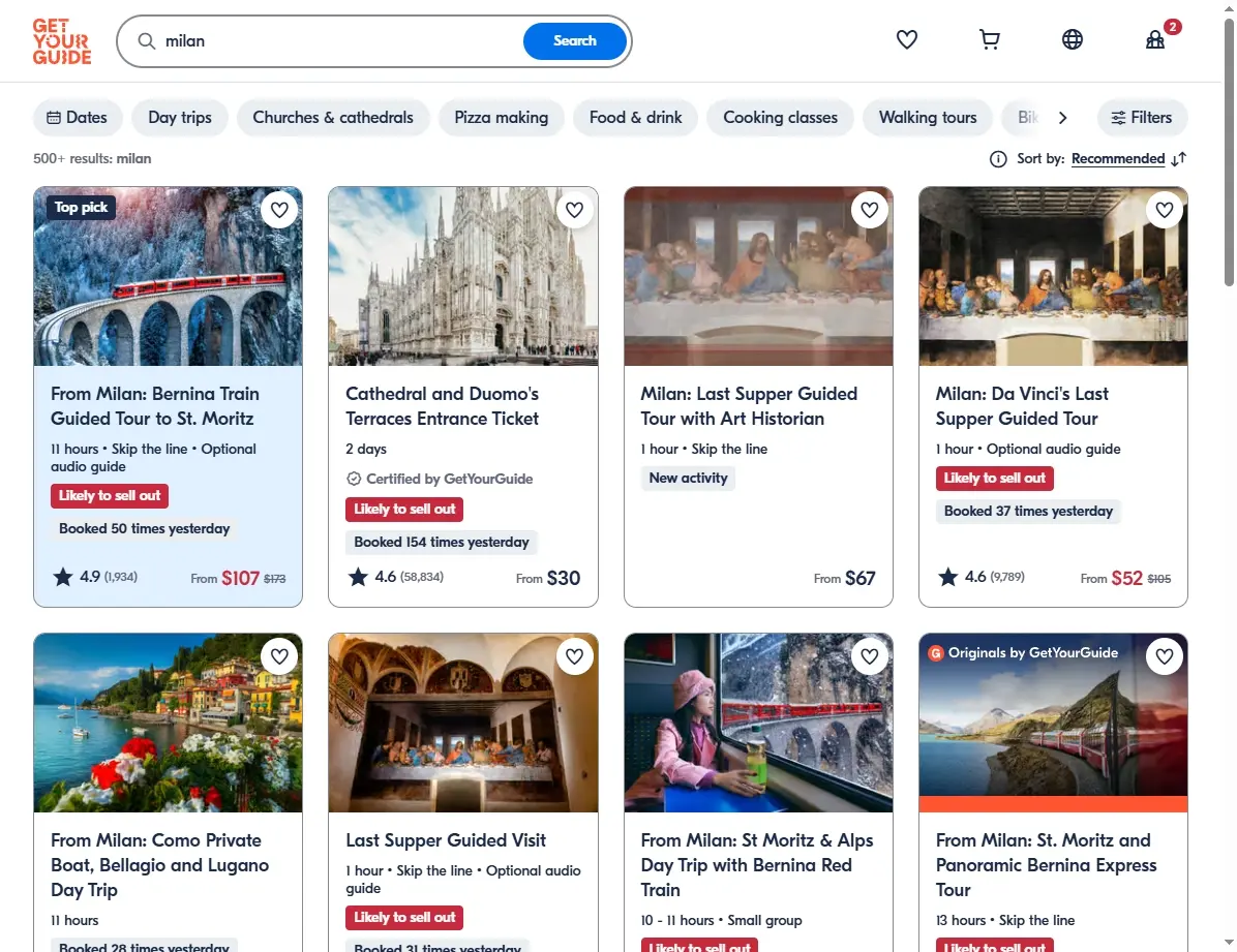 Captura de pantalla de ofertas de actividades y tours en Milán