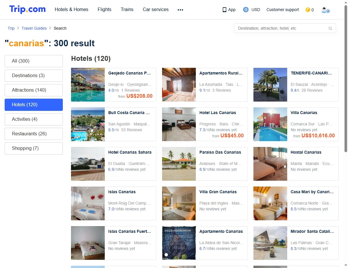 Captura de pantalla de ofertas de hoteles en Canarias