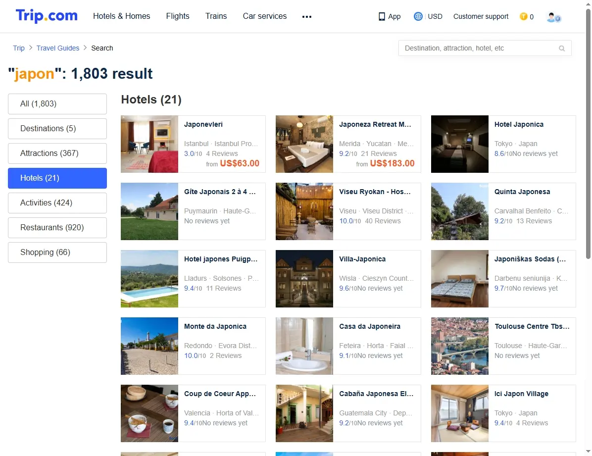 Captura de pantalla mostrando ofertas de hoteles en Japón