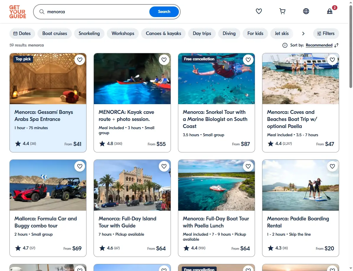 Captura de pantalla de tours y actividades en Menorca