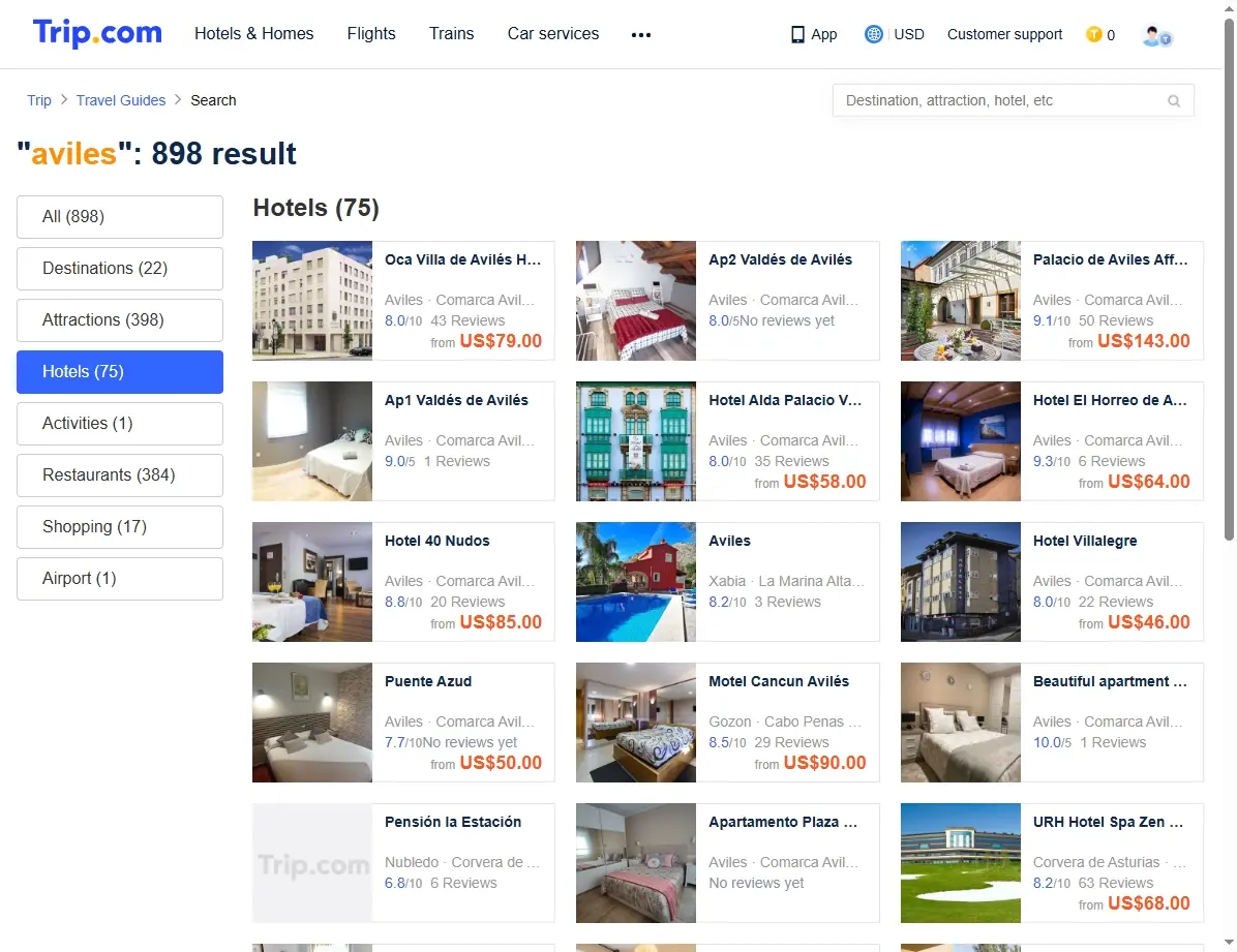 Captura de pantalla de ofertas de hoteles en Avilés
