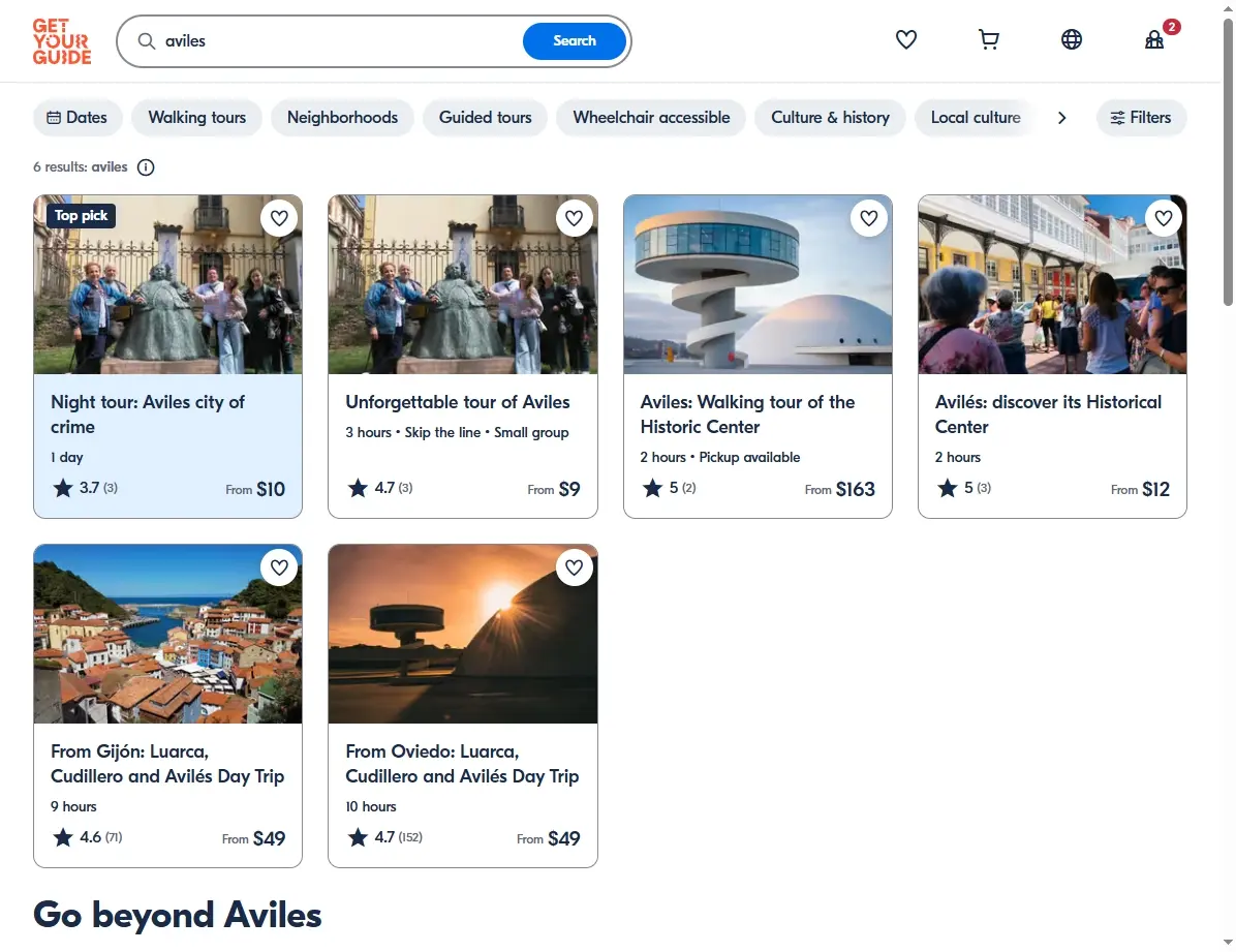 Captura de pantalla de actividades y tours en Avilés