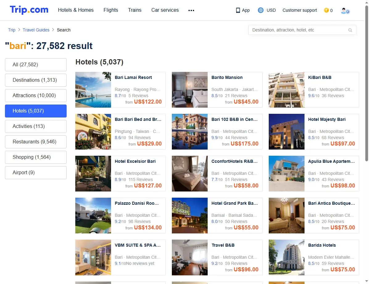 Captura de pantalla mostrando ofertas de hoteles en Bari.