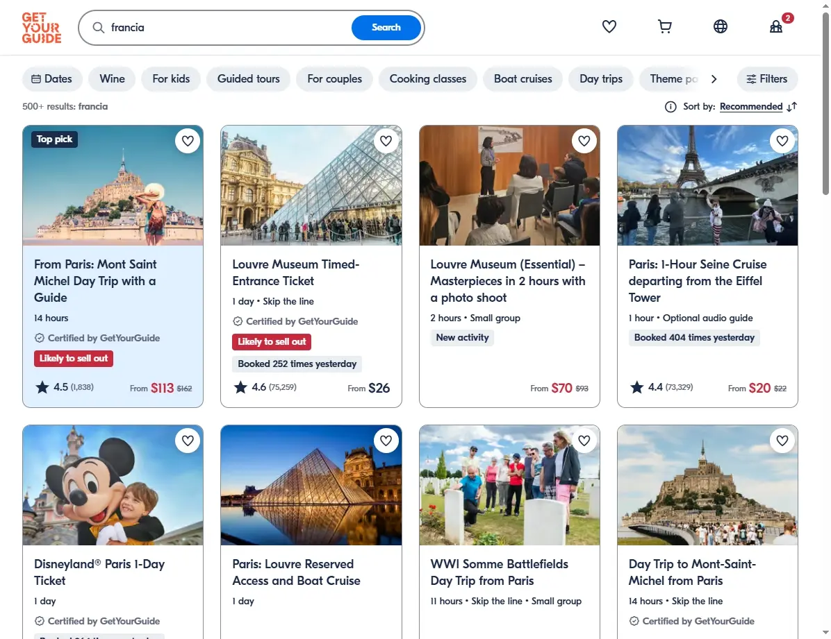 Ofertas de Actividades en Francia, captura de pantalla de sitio web