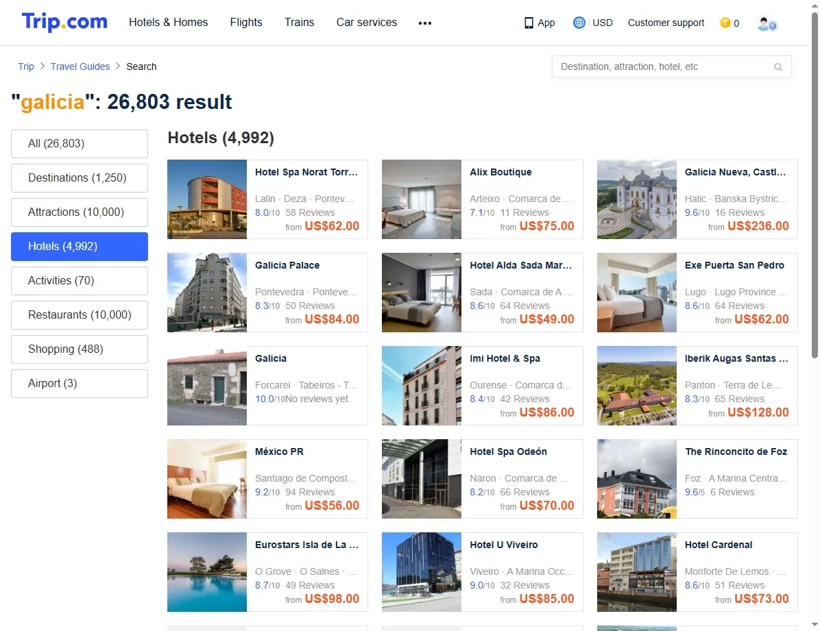 Captura de pantalla de la página web mostrando ofertas de hoteles en Galicia.