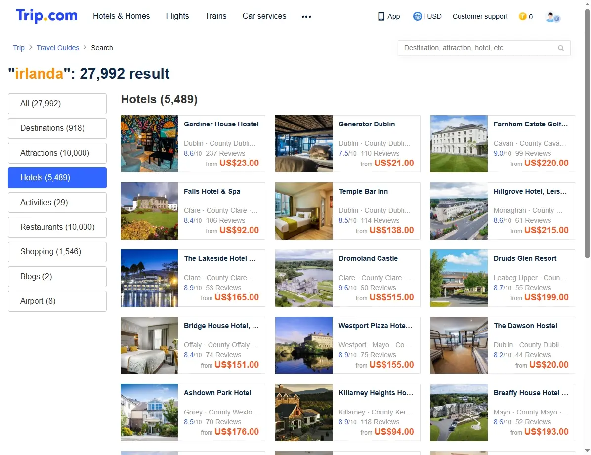 Hoteles en Irlanda, captura de pantalla de ofertas de Trip.com
