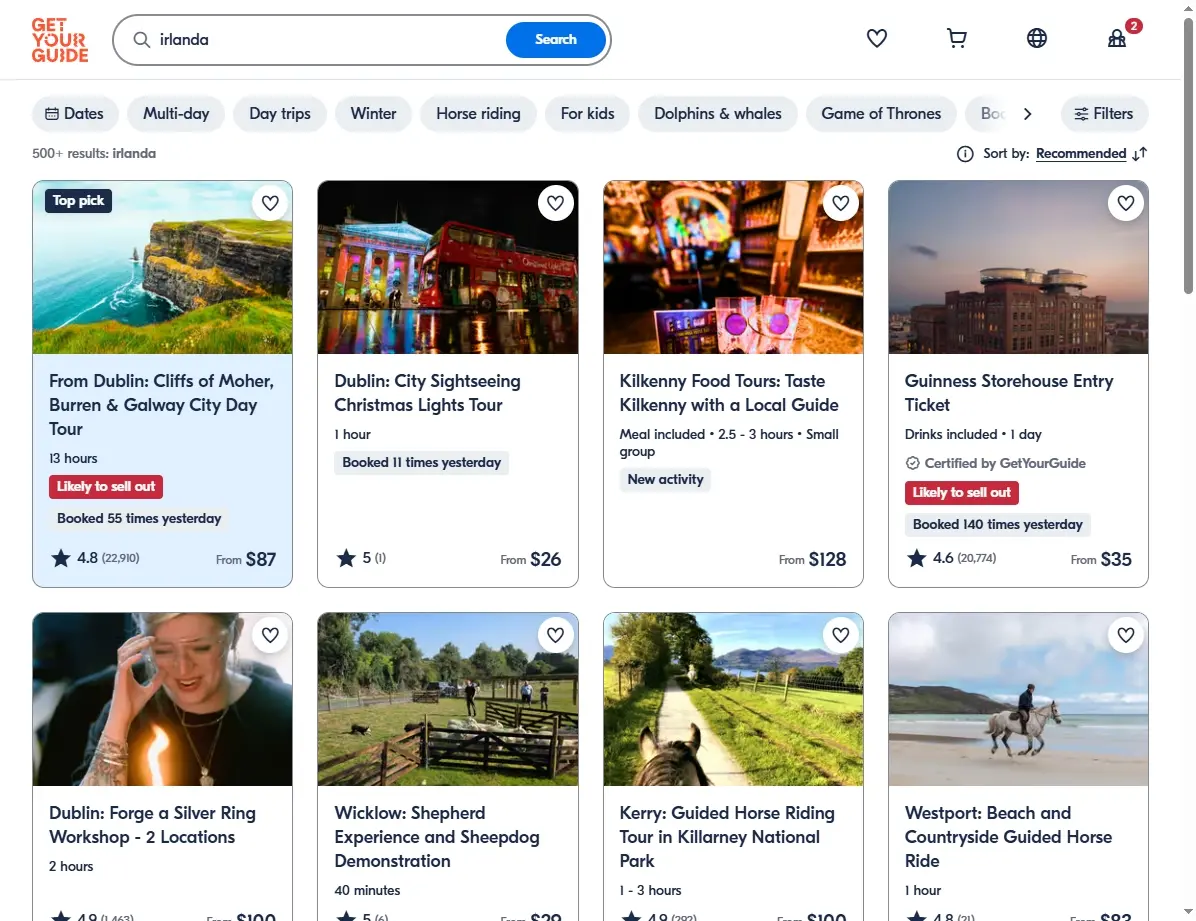 Actividades y Tours en Irlanda, captura de pantalla de ofertas de GetYourGuide