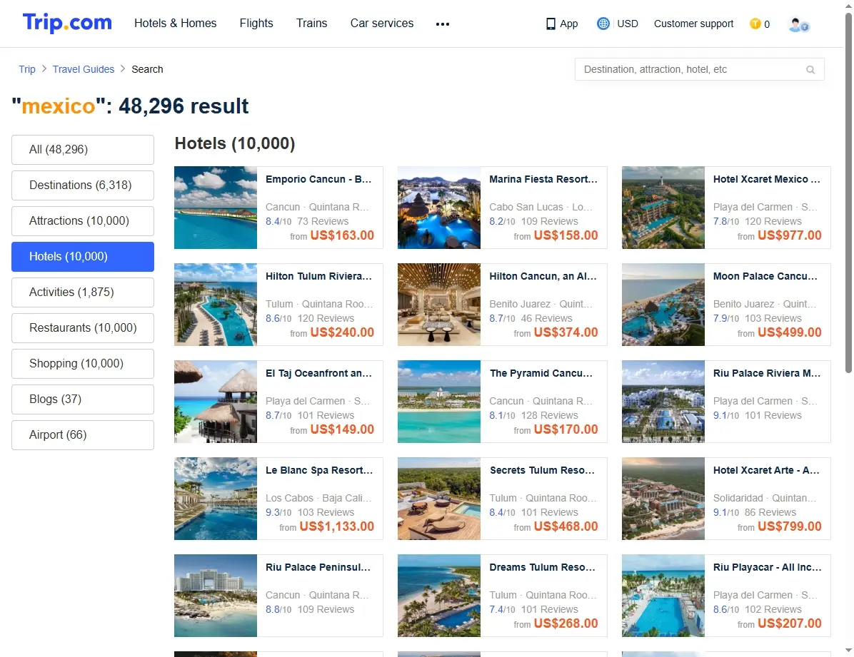 Ofertas de hoteles en México, screenshot de página web de reservaciones.