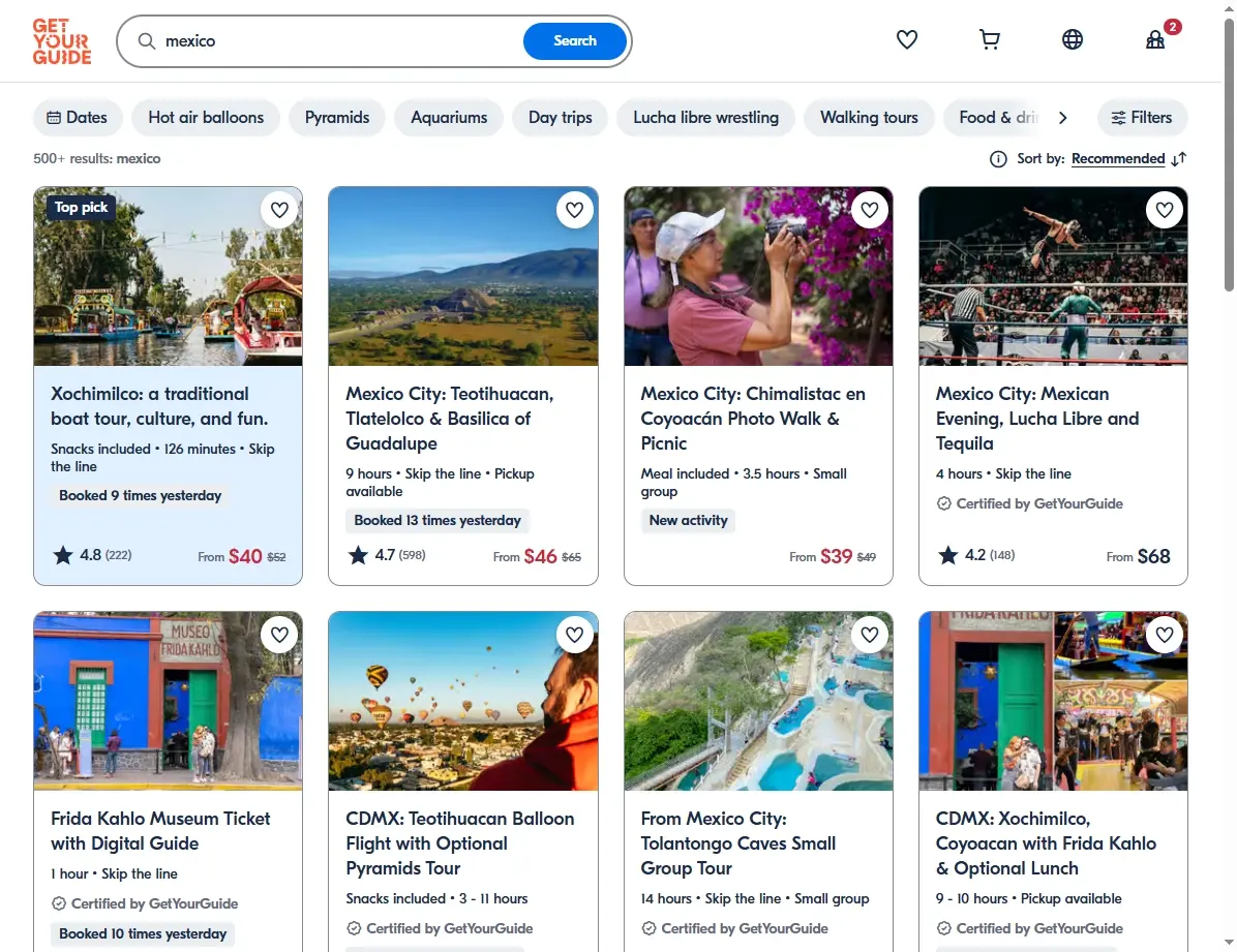 Captura de pantalla de ofertas de tours y actividades en México.