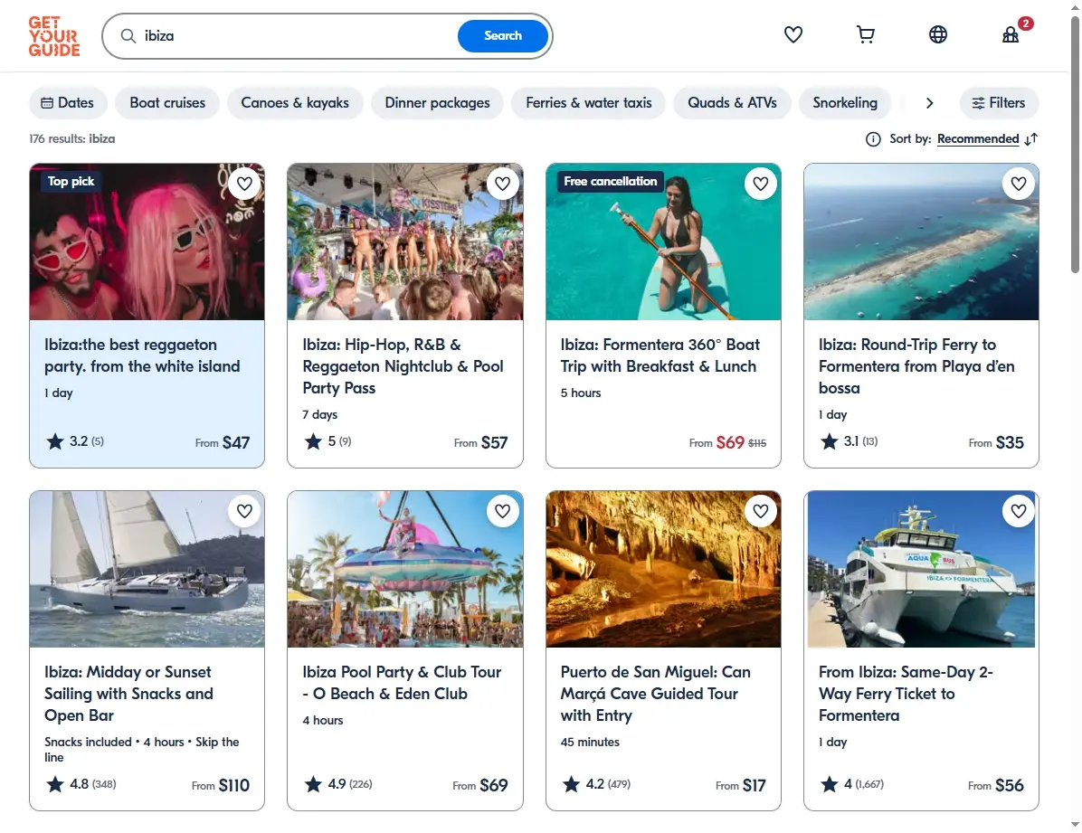 Captura de pantalla de actividades turísticas en Ibiza.