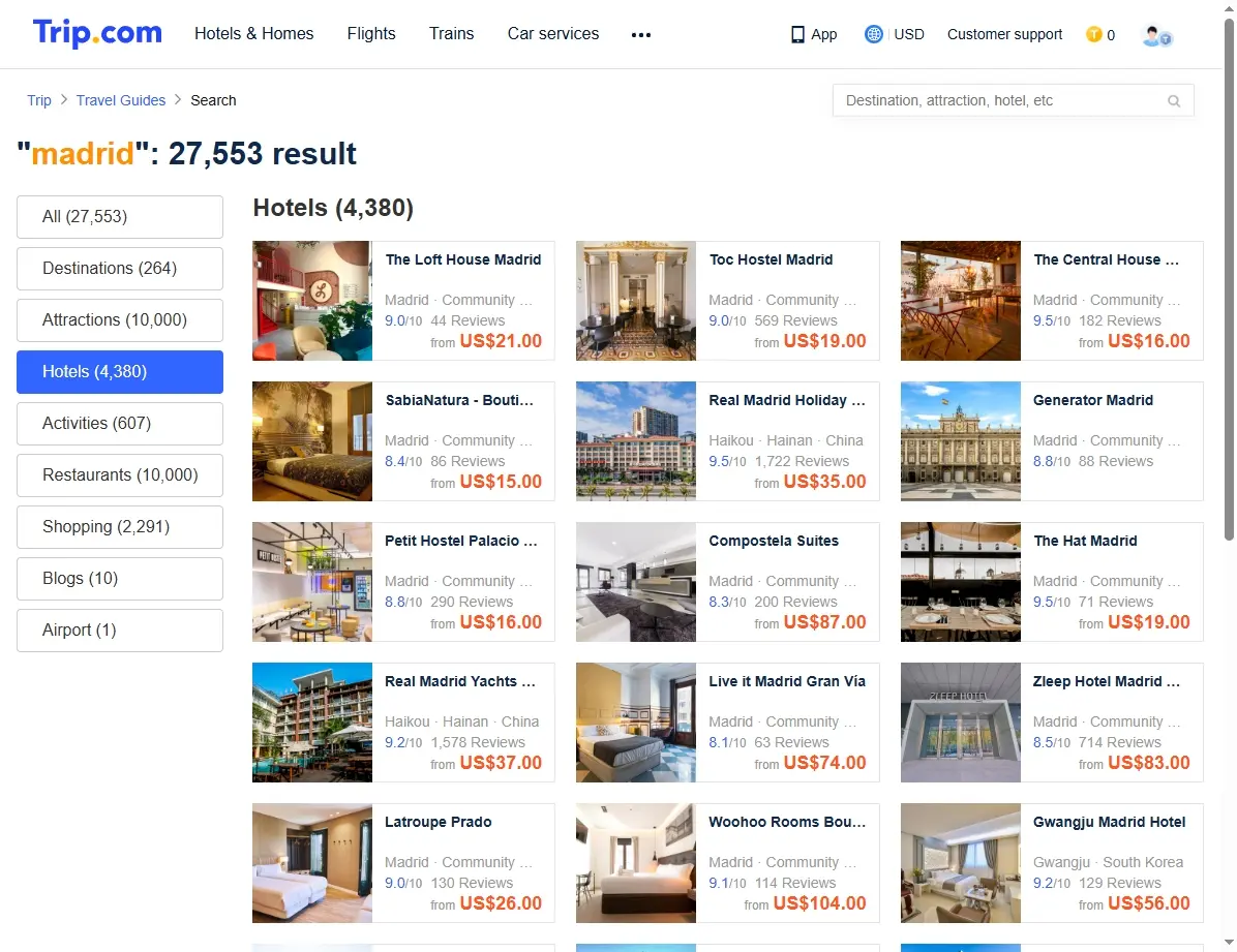 Captura de pantalla mostrando ofertas de hoteles en Madrid