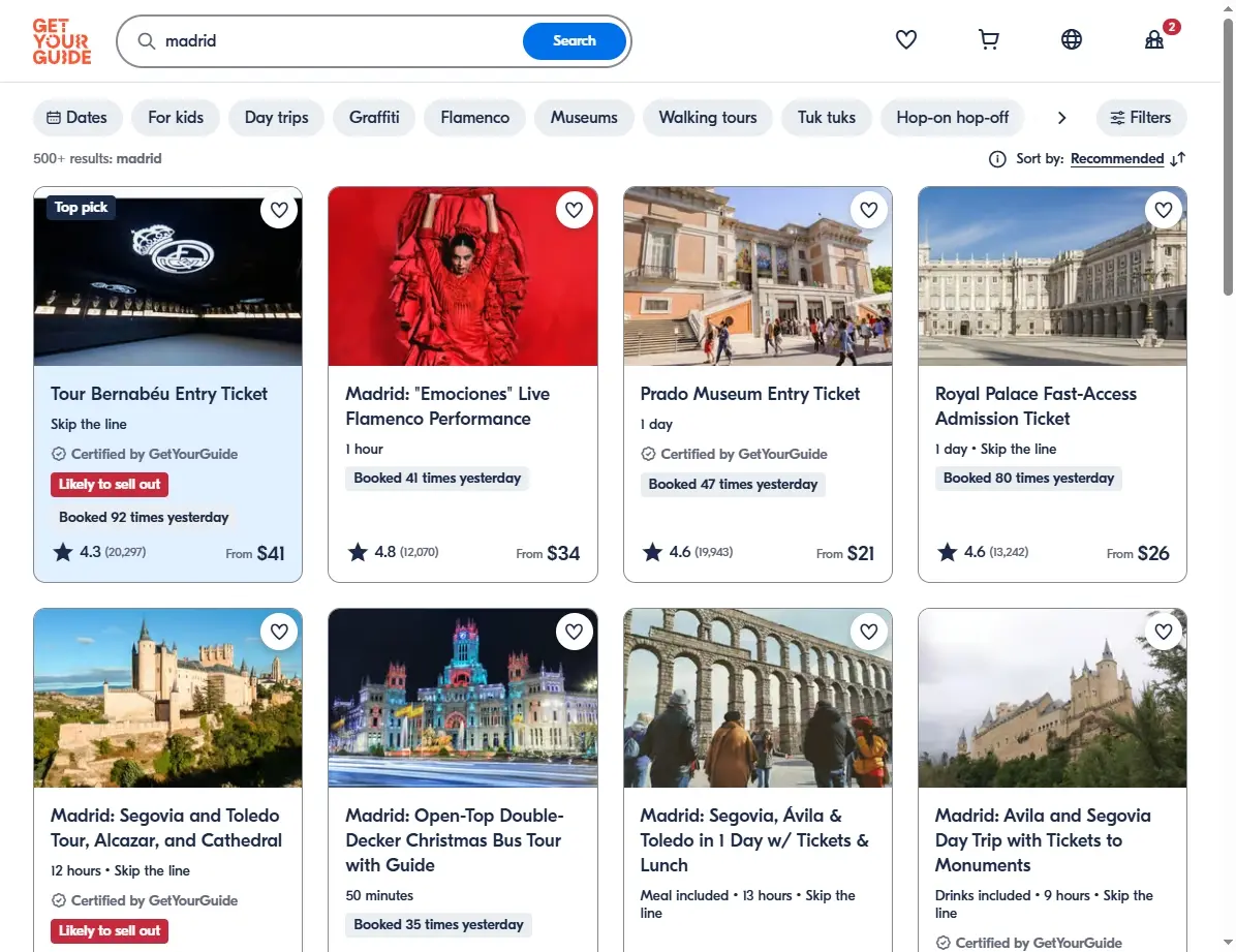 Captura de pantalla mostrando tours y actividades en Madrid