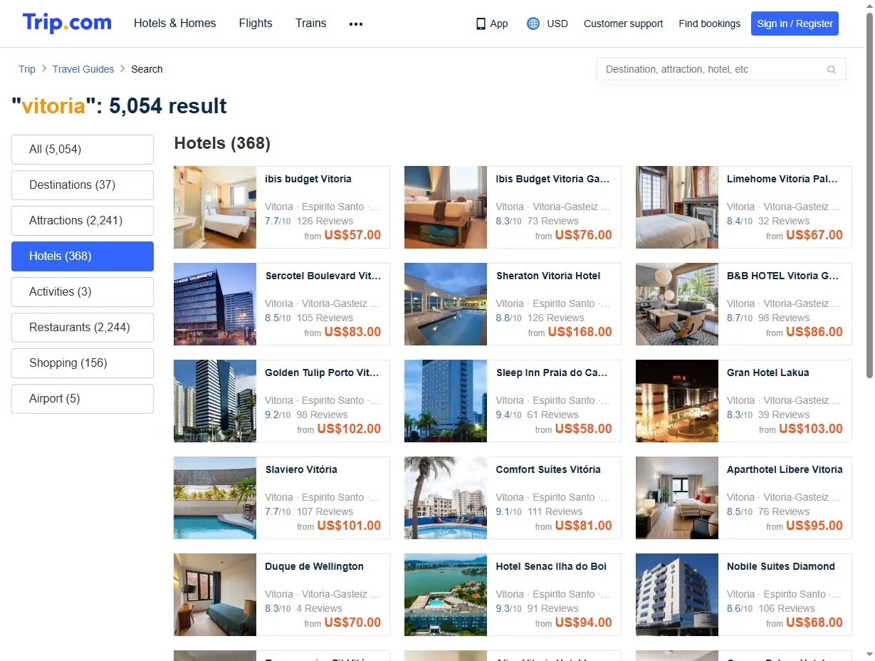 Captura de pantalla de ofertas de hoteles en la web Trip.com