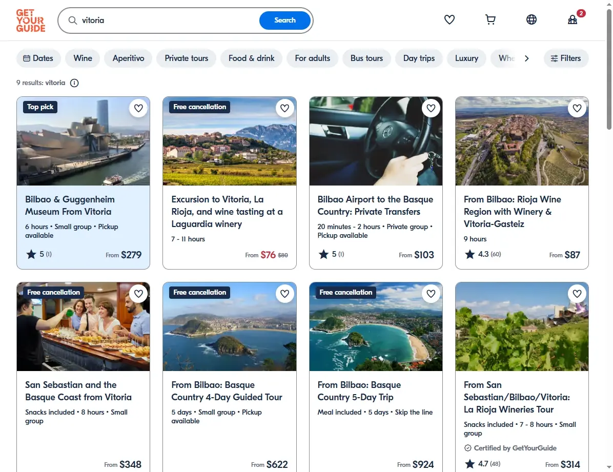 Captura de pantalla de ofertas de actividades en la web GetYourGuide