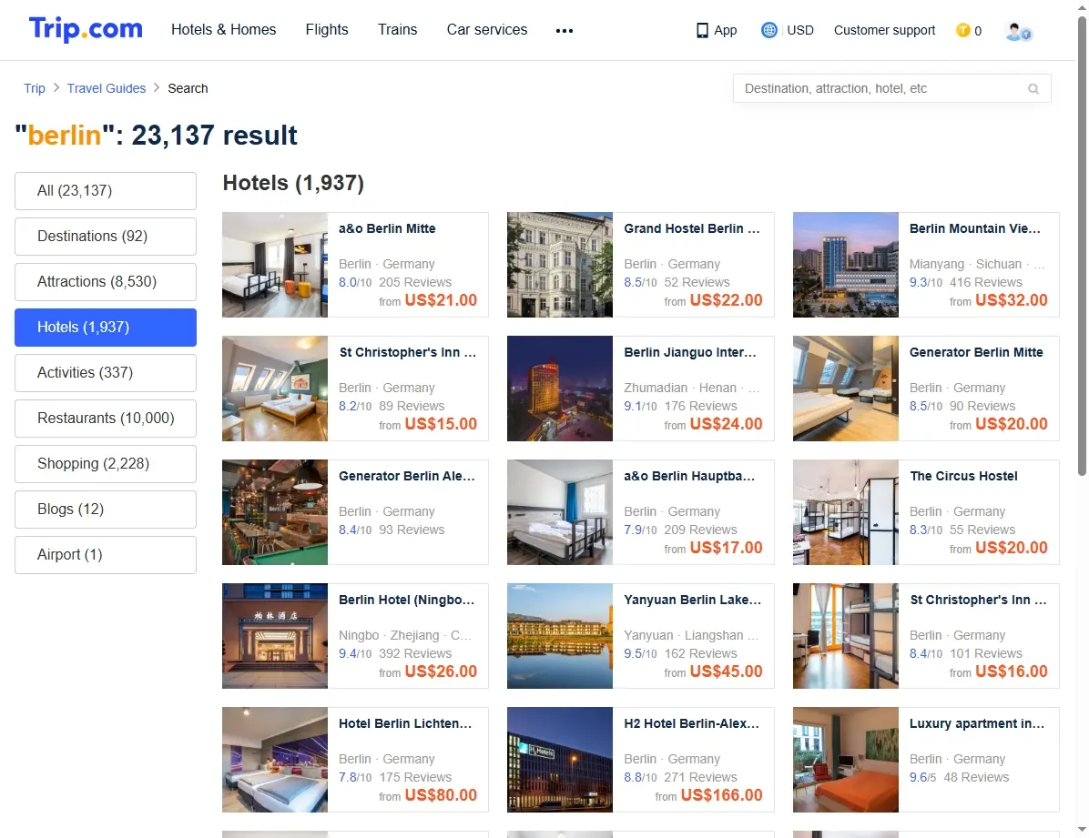 Captura de pantalla de ofertas de hoteles en Berlín disponibles tras el vuelo.
