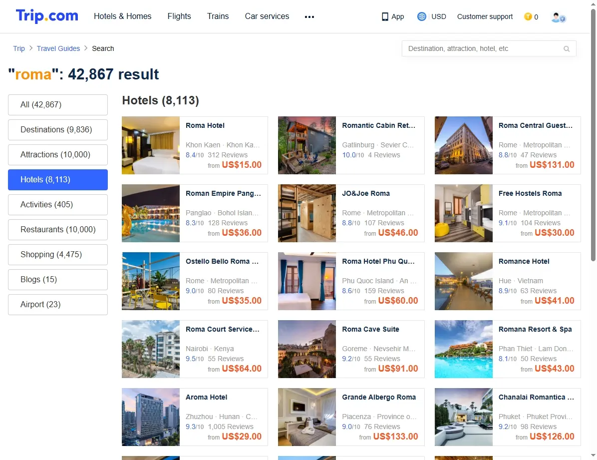 Captura de pantalla de ofertas de hoteles en Roma