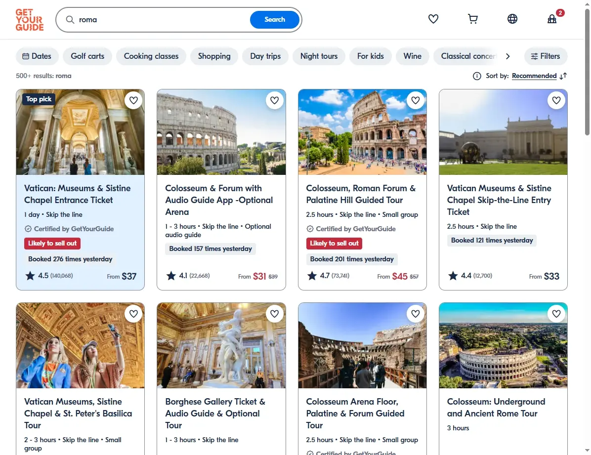 Captura de pantalla de actividades turísticas en Roma