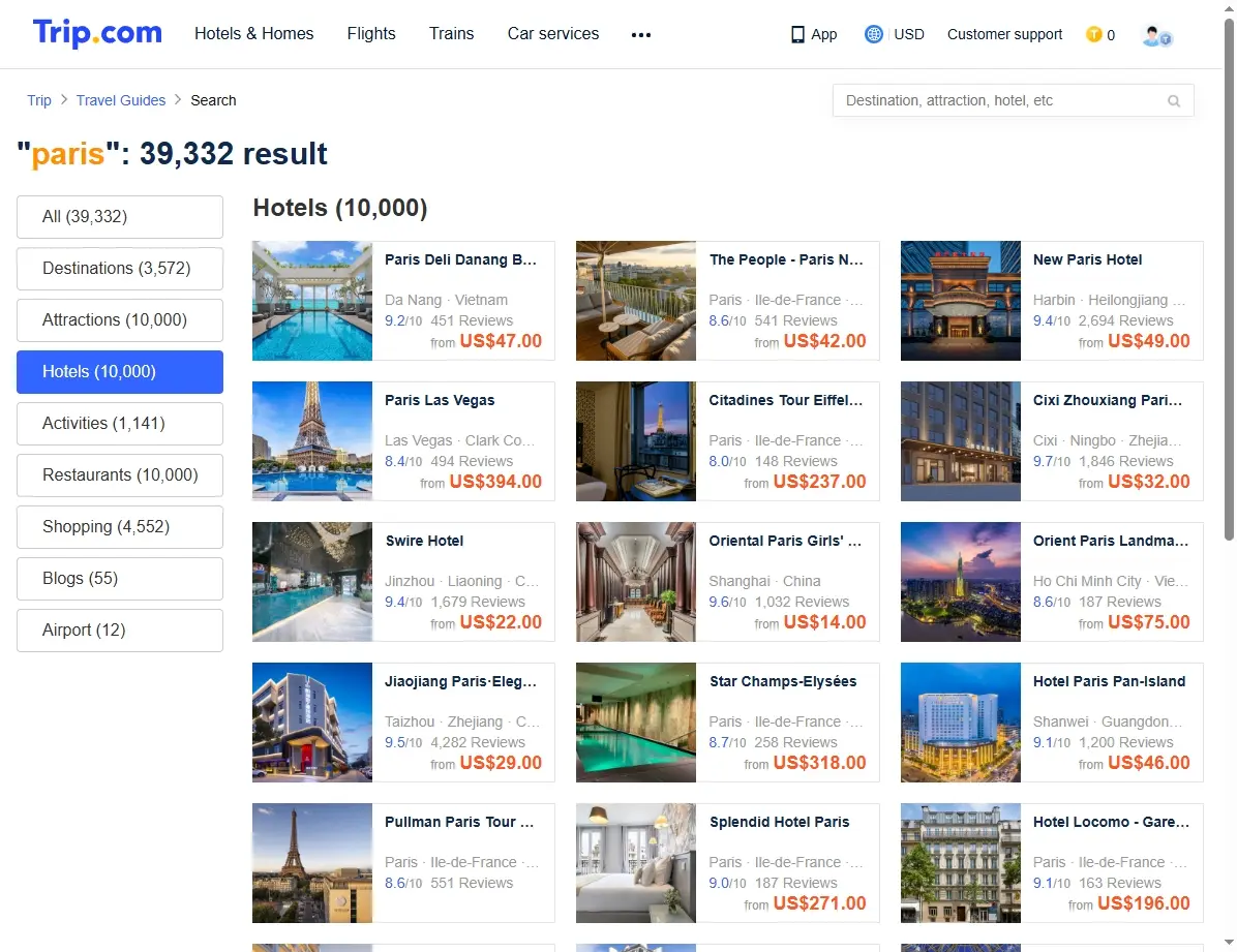 Captura de pantalla mostrando ofertas de hoteles en París