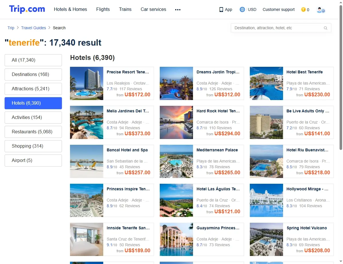 Captura de pantalla de ofertas de hoteles en Tenerife