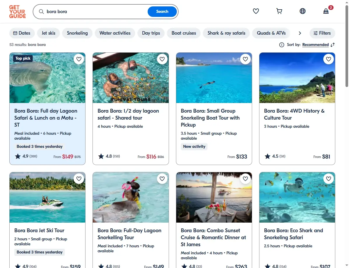 Actividades de snorkel, buceo y excursiones en Bora Bora