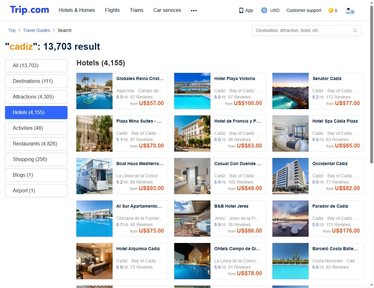 Captura de pantalla mostrando ofertas de hoteles en Cádiz