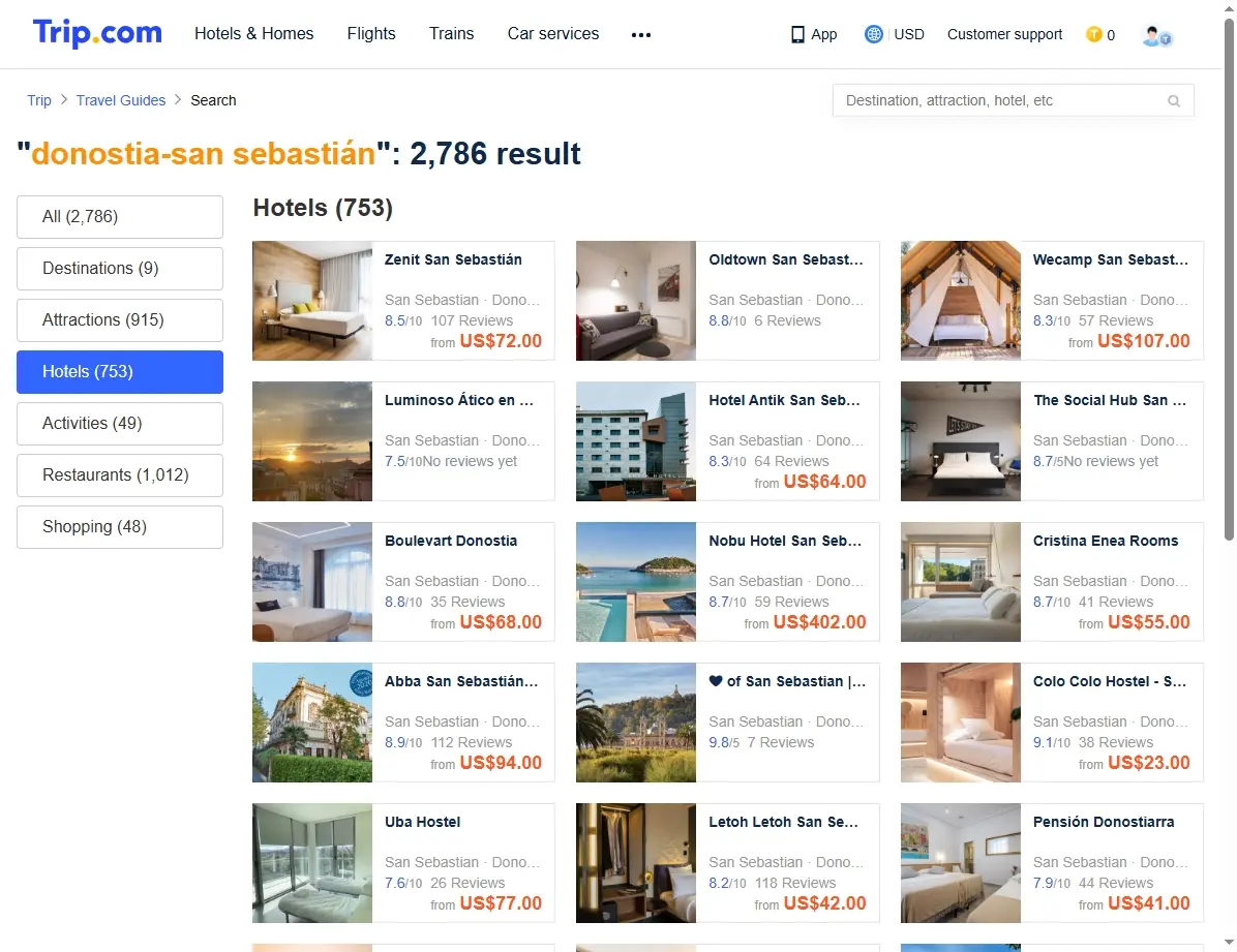 Captura de pantalla mostrando ofertas de hoteles en San Sebastián