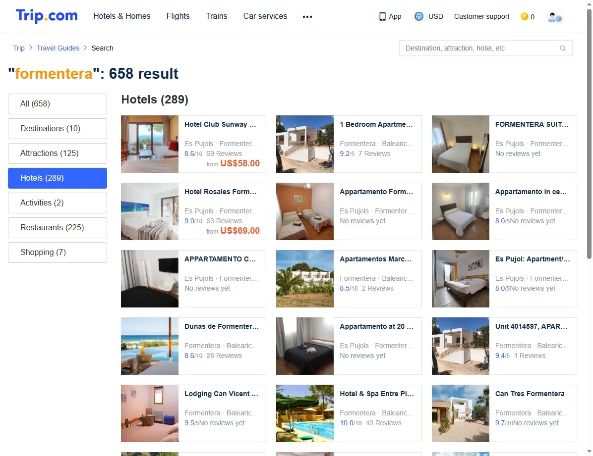 Captura de pantalla de ofertas de hoteles en Formentera.