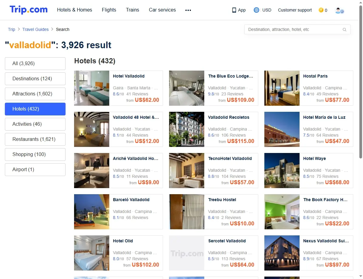 Captura de pantalla de ofertas de hoteles en Valladolid en una web de reservas.