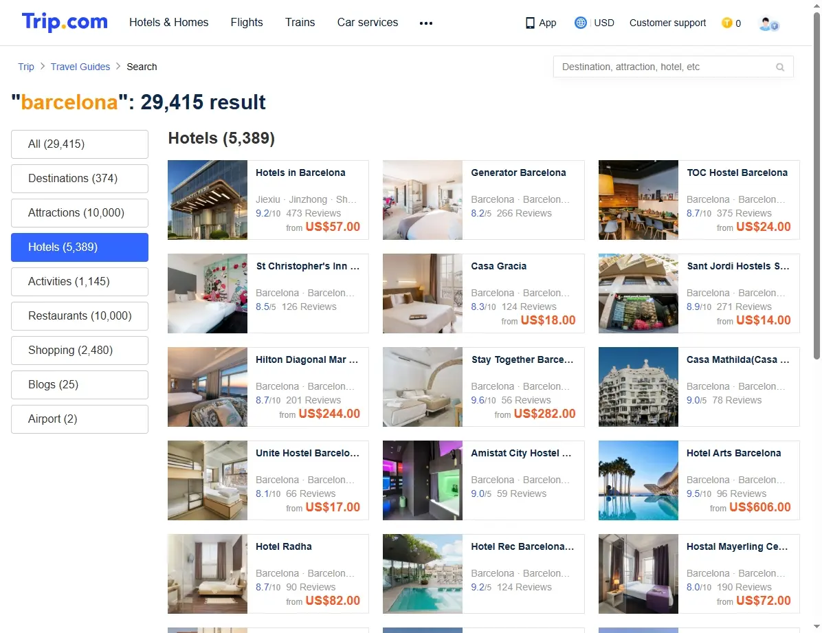 Captura de pantalla mostrando ofertas de hoteles en Barcelona