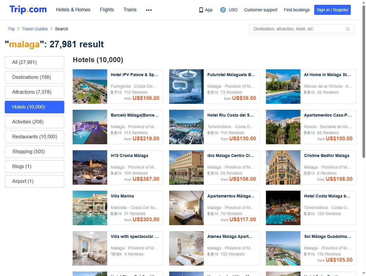 Captura de pantalla de ofertas de hoteles en Málaga
