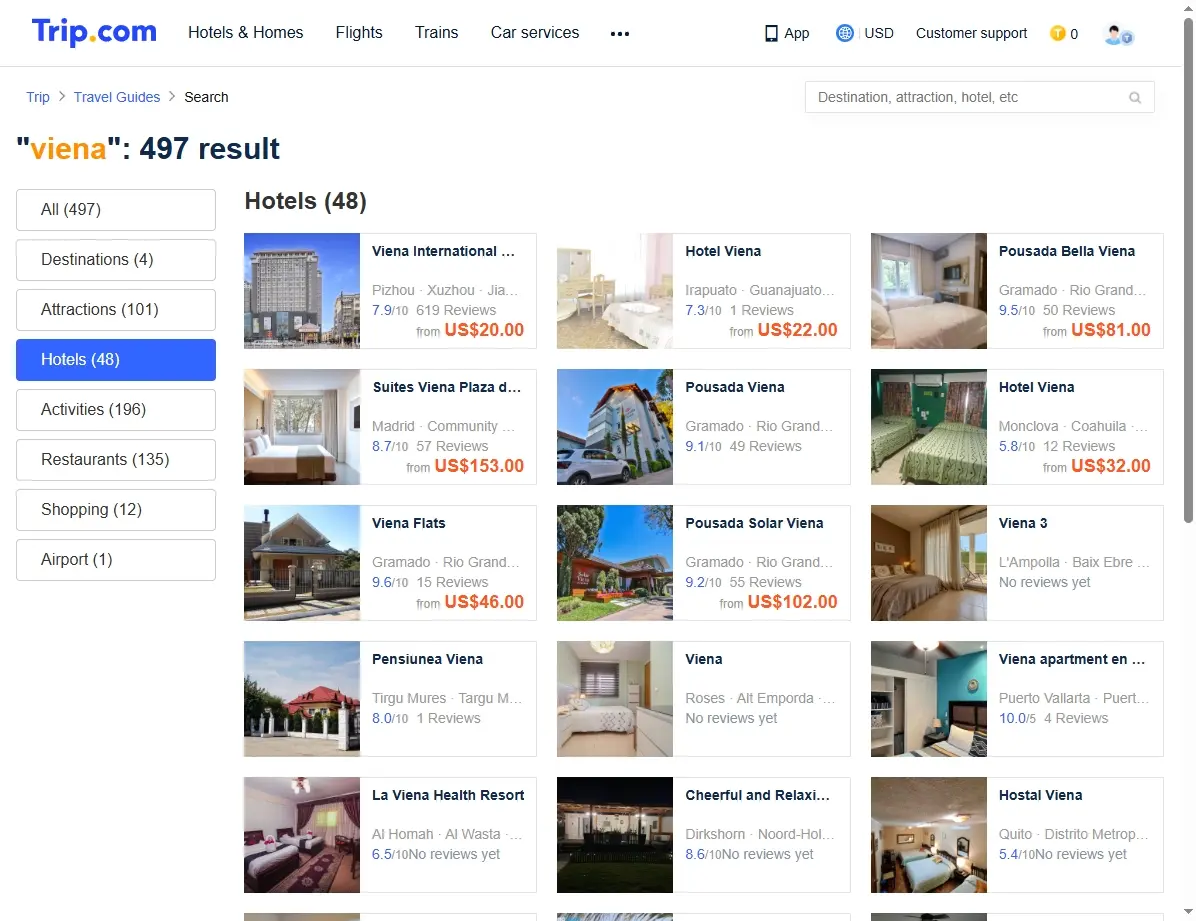 Captura de pantalla mostrando ofertas de hoteles en Viena.