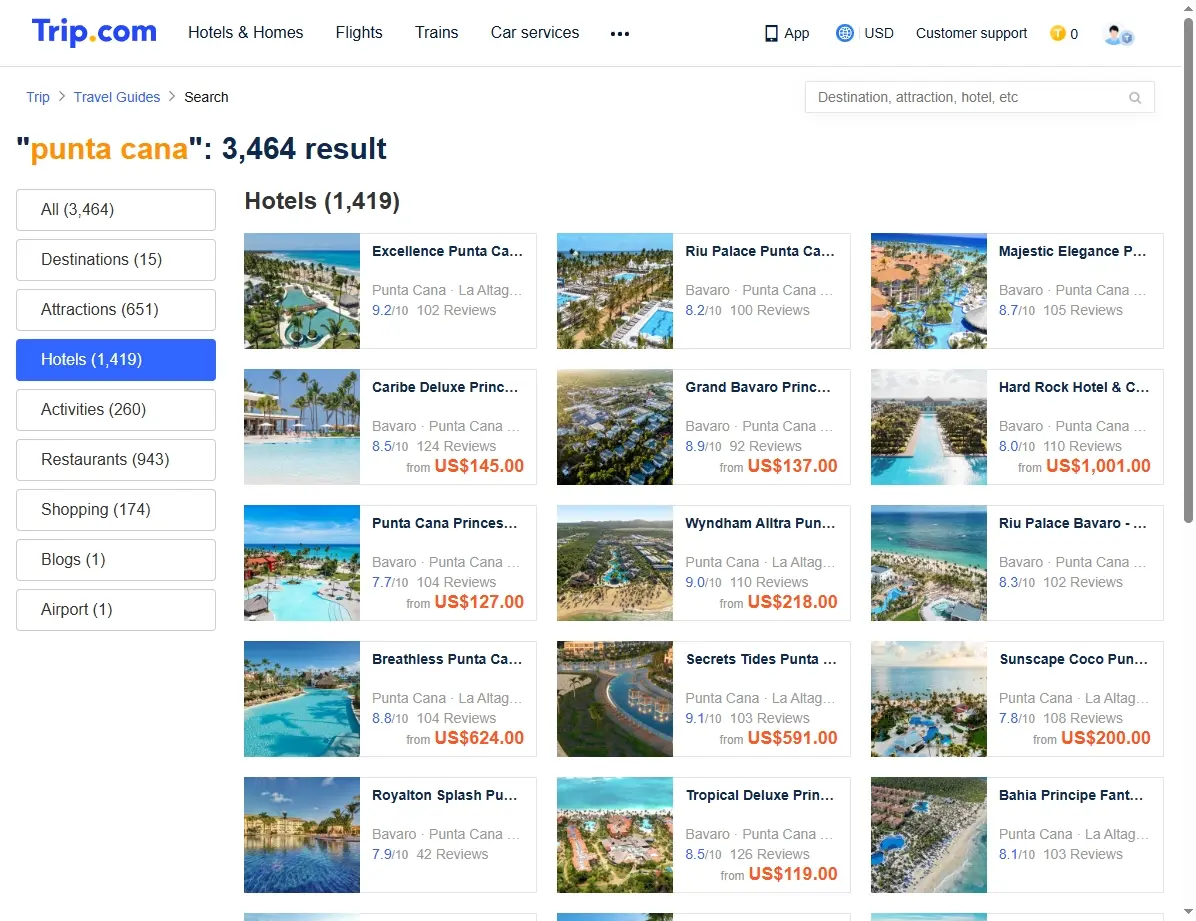 Captura de pantalla mostrando ofertas de hoteles en Punta Cana