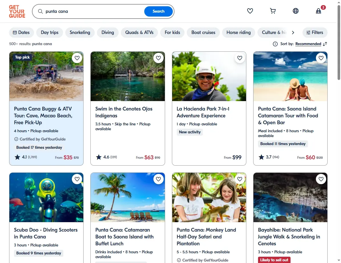 Captura de pantalla mostrando actividades y excursiones en Punta Cana