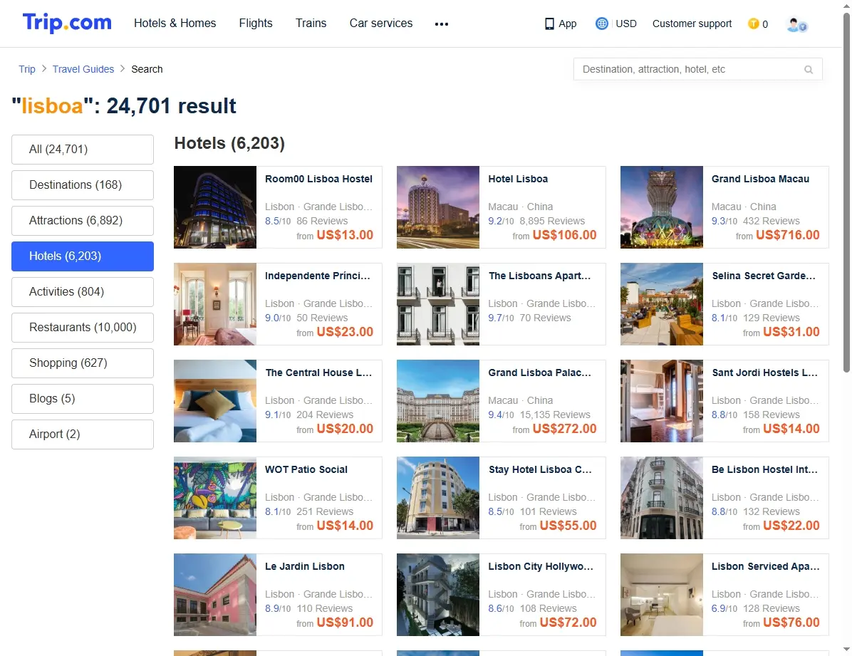 Captura de pantalla de ofertas de hoteles en Lisboa