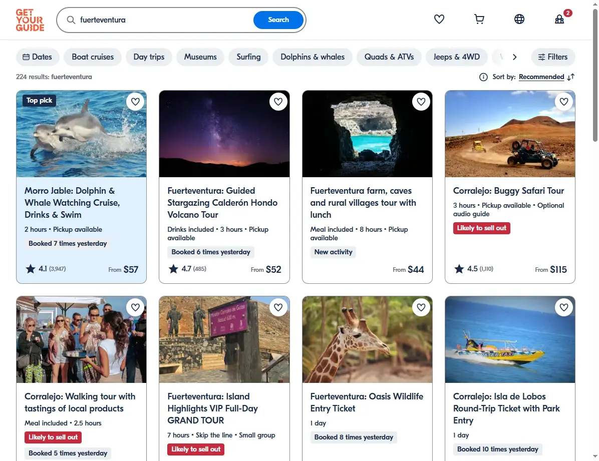 Captura de pantalla mostrando actividades y tours en Fuerteventura
