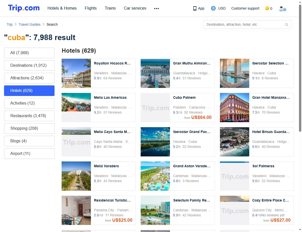Captura de pantalla mostrando ofertas de hoteles en Cuba