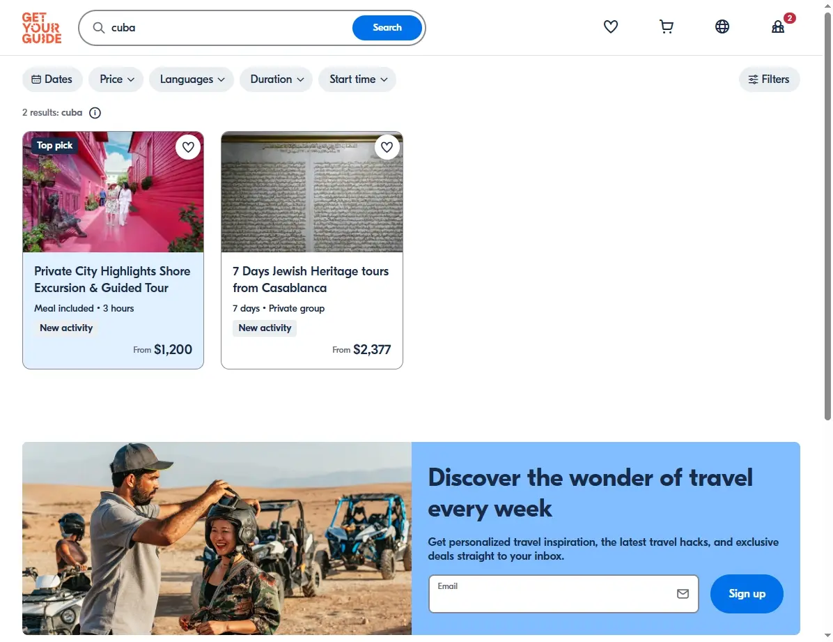 Captura de pantalla mostrando tours y actividades en Cuba