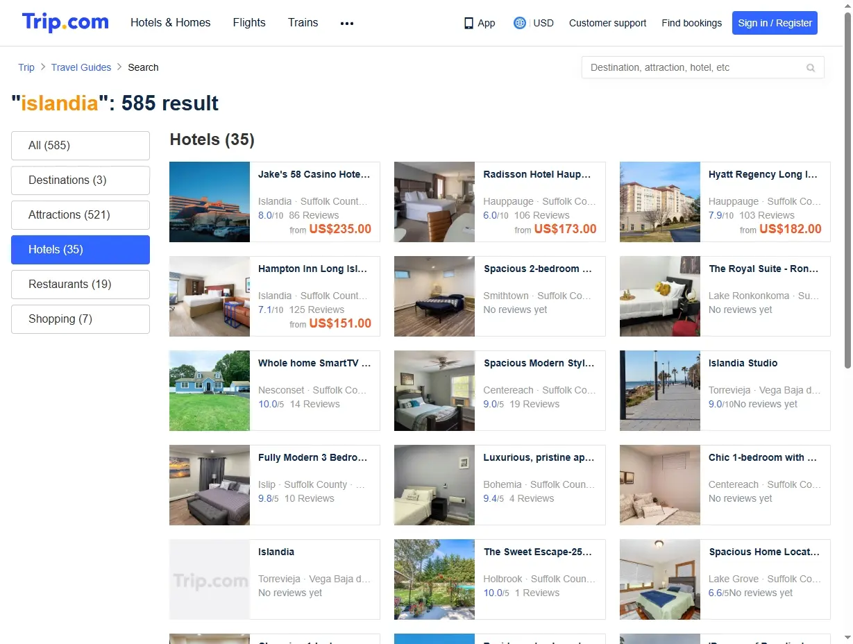 Captura de pantalla de ofertas de hoteles en Islandia