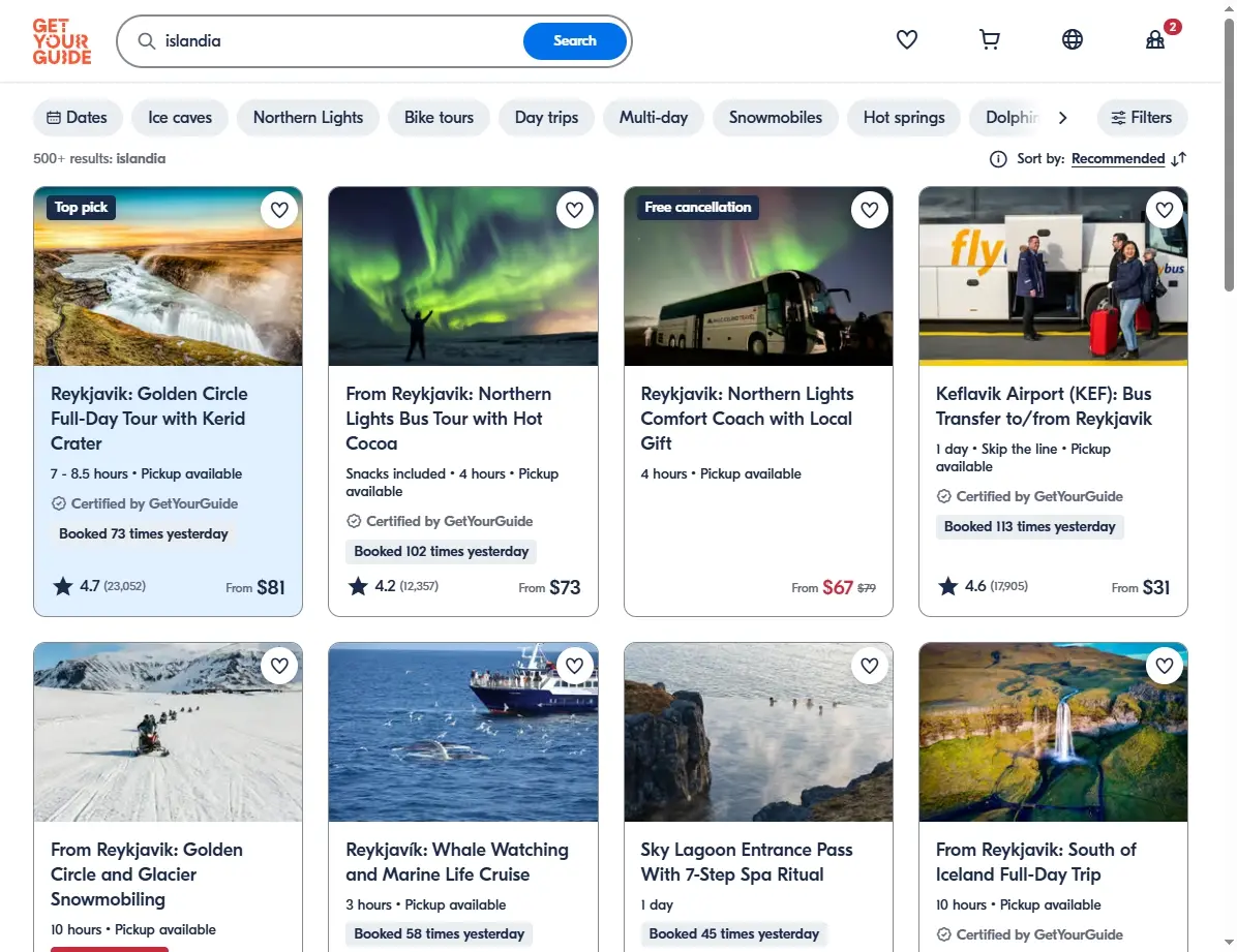 Captura de pantalla de tours y actividades en Islandia