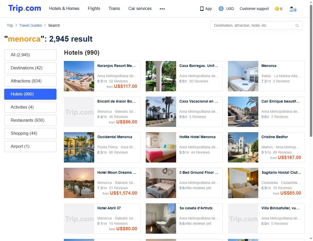 Captura de pantalla de ofertas de hoteles en Menorca