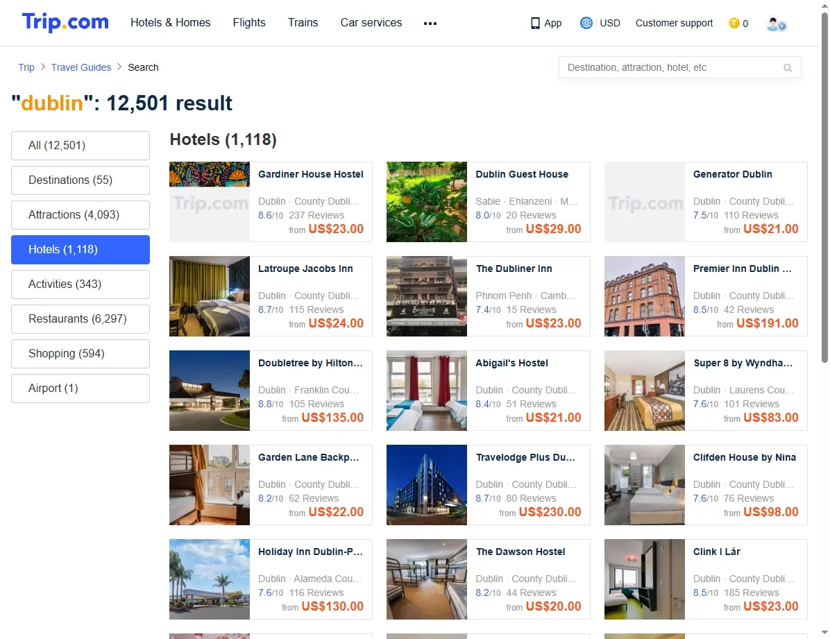 Captura de pantalla mostrando ofertas de hoteles en Dublín